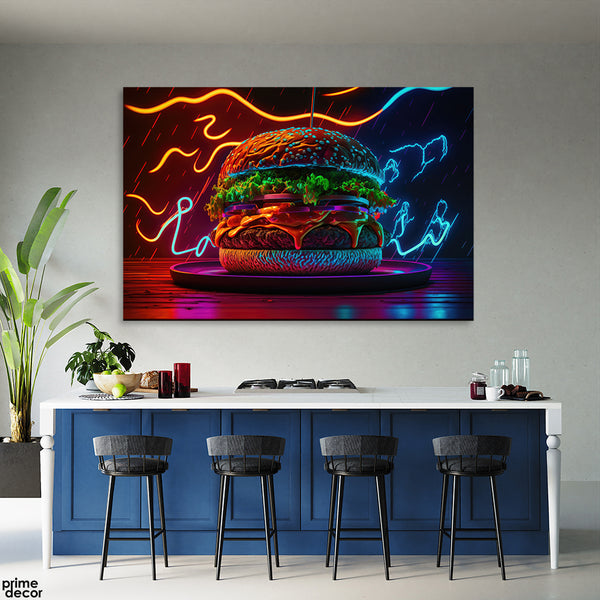 Hungry Grilled Burger With Neon Shade Colors (Single Panel) Food Wall Art
