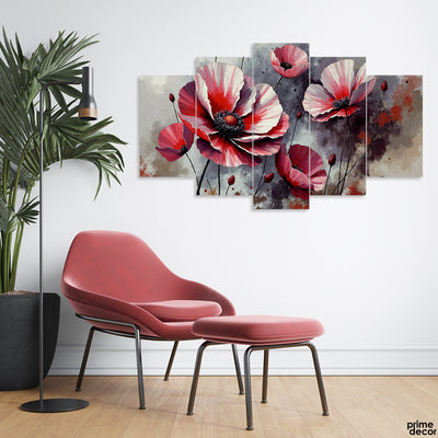 Aesthetic Beautiful Red Flowers Over Grey Background (5 Panel) Floral Wall Art