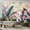 Green & Purple Exotic Leaves Over Beige Background | Floral Wallpaper Mural