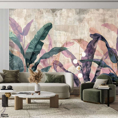 Green & Purple Exotic Leaves Over Beige Background | Floral Wallpaper Mural