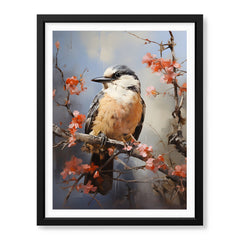 Beautiful Bird On Tree Branch With Pink Flowers | Abstract Floral Artwork #00522