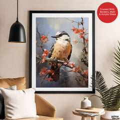 Beautiful Bird On Tree Branch With Pink Flowers | Abstract Floral Artwork #00522