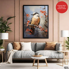 Beautiful Bird On Tree Branch With Pink Flowers | Abstract Floral Artwork #00522