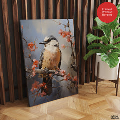 Beautiful Bird On Tree Branch With Pink Flowers | Abstract Floral Artwork #00522
