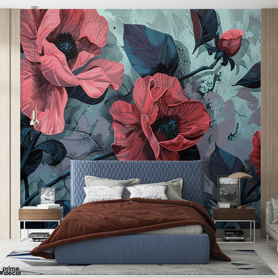Beautiful Red Flowers With Blue Exotic Leaves | Floral Wallpaper Mural