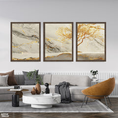 Gilded Golden Tree on Polished Stone Texture (3 Panel) Abstract Wall Art