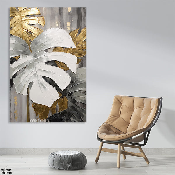 White & Golden Exotic Leaves Over Grey Background (Single Panel) Floral Wall Art
