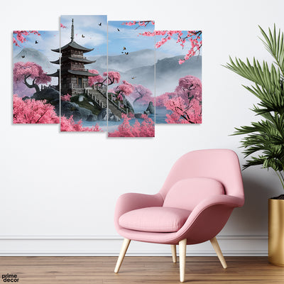 Japanese Cherry Blossoms and Mountains (4 Panel) Nature Wall Art