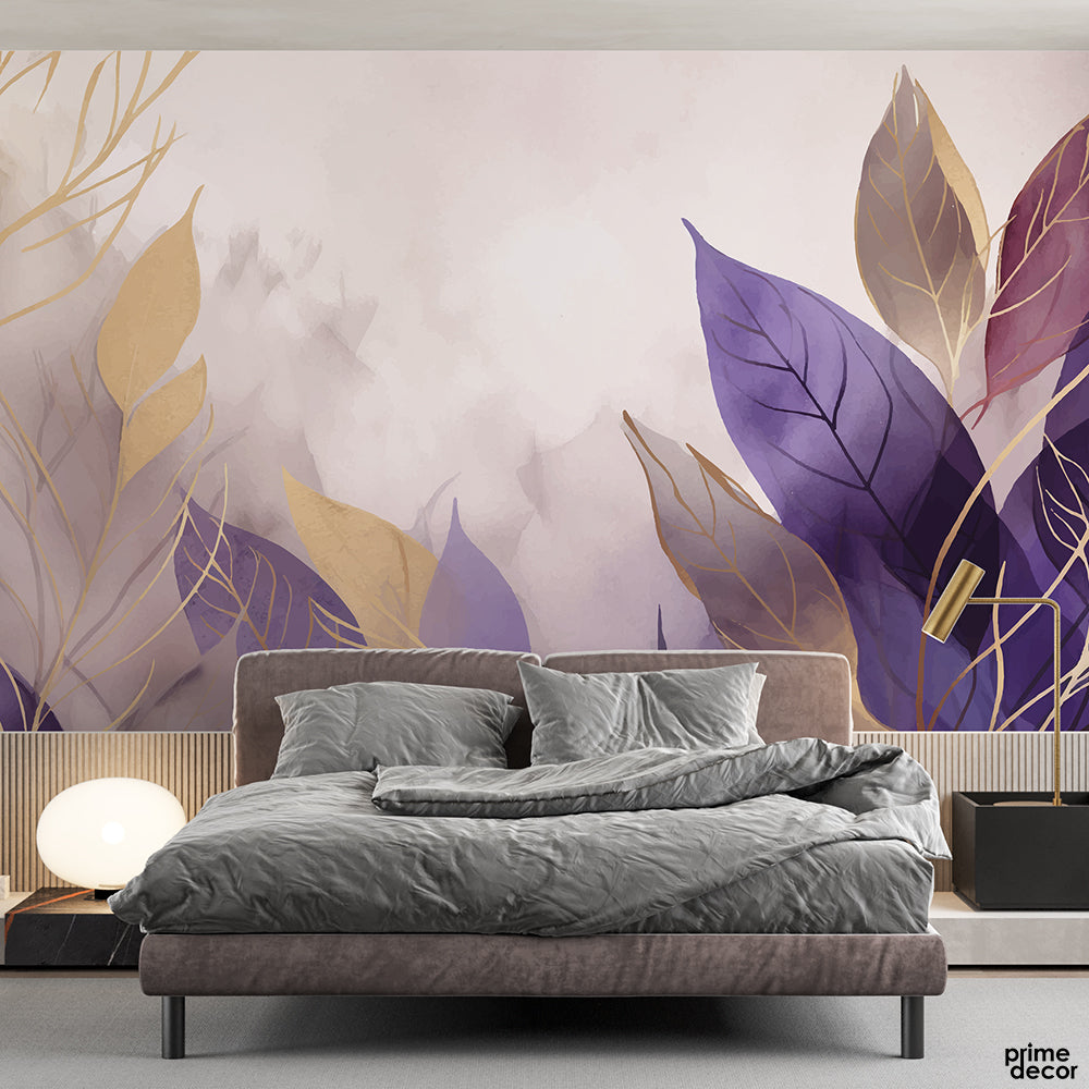 Lavender Purple Watercolor Style Leaves | Floral Wallpaper Mural - Prime Décor