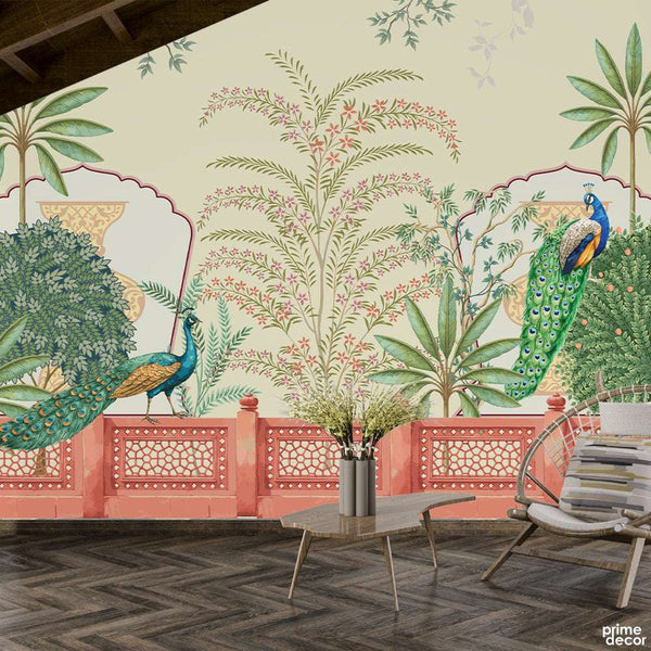 Aesthetic Cultural Floral Artwork With Peacocks  | Floral Wallpaper Mural