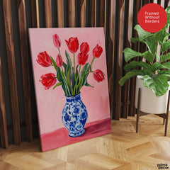 Beautiful Colorful Flowers In A Blue Pot | Abstract Floral Artwork #00534