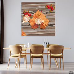 Aesthetic Coffee Cups With Leaves On Table (Single Panel) Square Wall Art