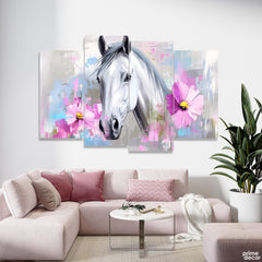 Beautiful White Horse With Pink Flowers (4 Panel) Nature Wall Art - Prime Décor