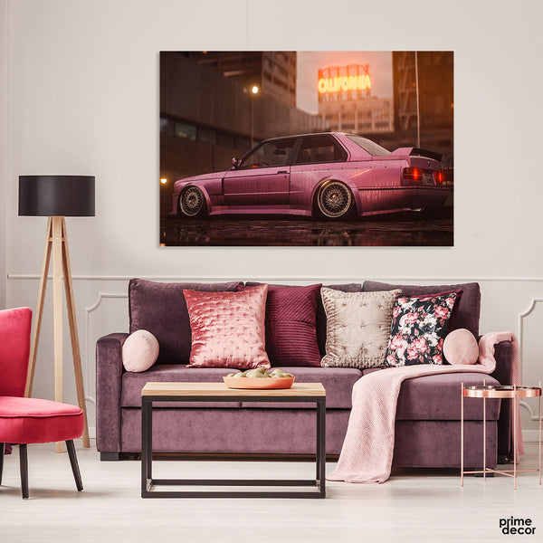 Pink Racing Car In A Rainy Night (Single Panel) Car Wall Art