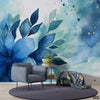 Celestial Blue Watercolor Style Flower & Leaves | Floral Wallpaper Mural