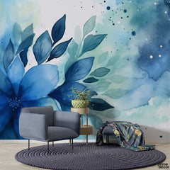 Celestial Blue Watercolor Style Flower & Leaves | Floral Wallpaper Mural - Prime Décor