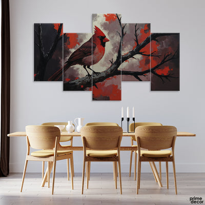 Beautiful Artwork Of A Northern Cardinal Perched On A Branch (5 Panel) Nature Wall Art