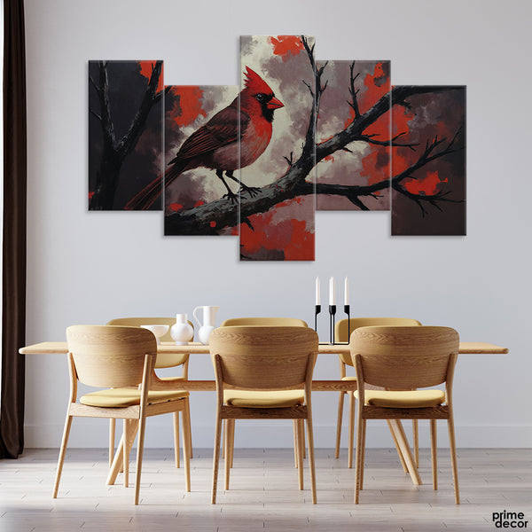 Beautiful Artwork Of A Northern Cardinal Perched On A Branch (5 Panel) Nature Wall Art