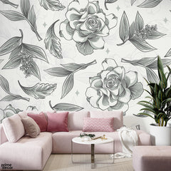 Black & White Rose With Leaves | Floral Wallpaper Mural