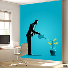 Man In Suit Watering The Money Plant | Office Wallpaper Mural