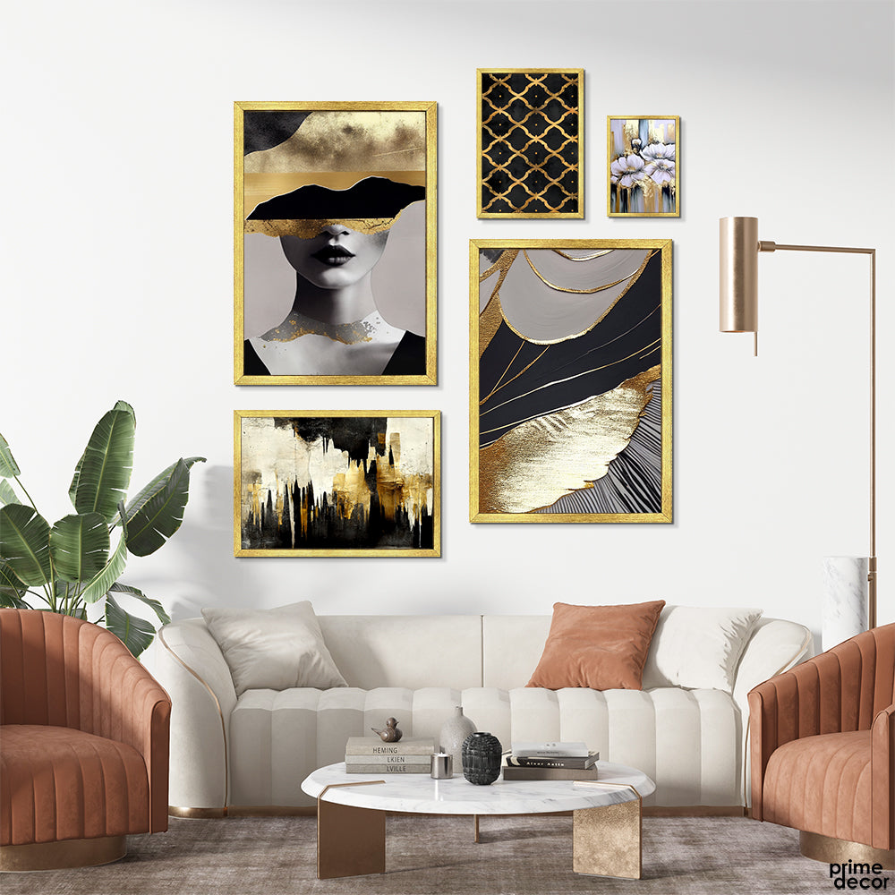 Gold Foil & Grey Luxury Fashion Abstract (5 Panel) Fashion Wall Art - Prime Décor