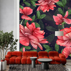 Beautiful Red Flowers With Green Exotic Leaves | Floral Wallpaper Mural