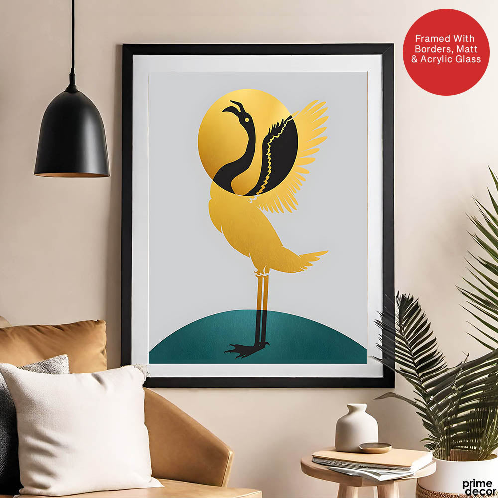Black & Gold Bird Design With Green And Grey Background | Abstract Office Artwork #0054 - Prime Décor