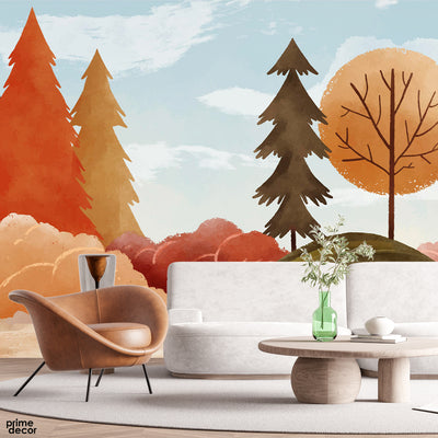 Orange & Gold Trees With Clear Sky In Autumn | Floral Wallpaper Mural