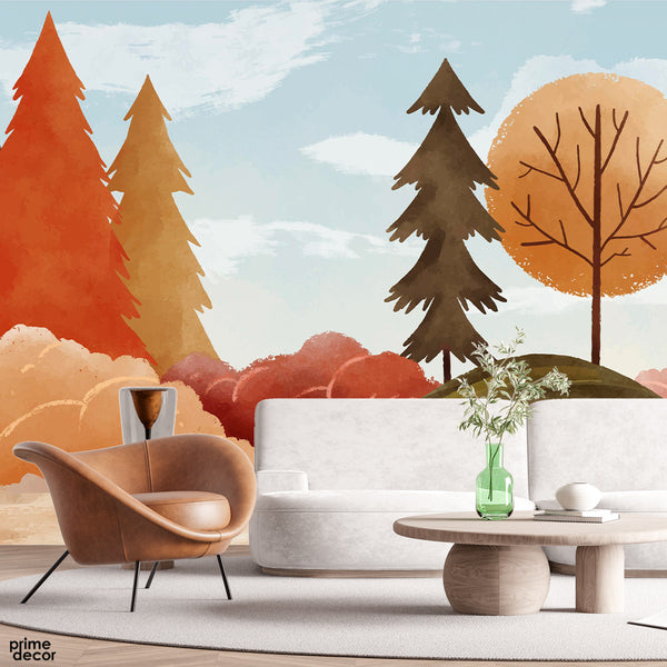 Orange & Gold Trees With Clear Sky In Autumn | Floral Wallpaper Mural