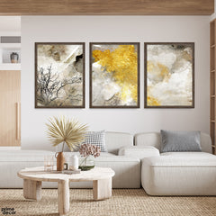 Gold Leaf & Smoky Tree Silhouette (3 Panel) Abstract Wall Art