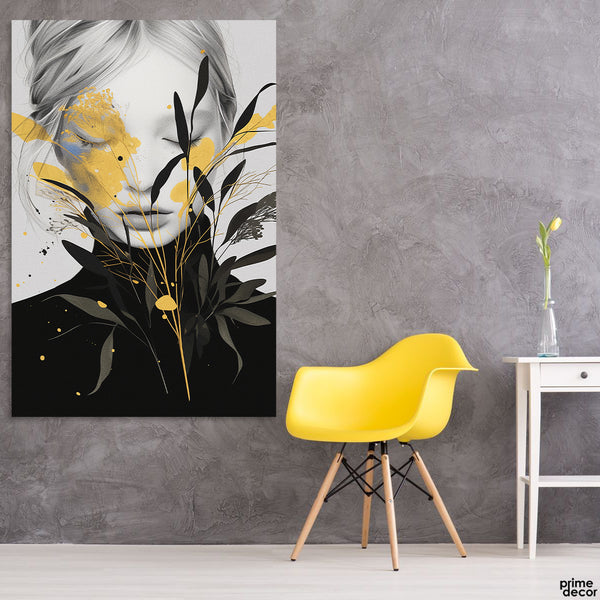 Girl's Face With Black & Gold Exotic Leaves (Single Panel) Fashion Wall Art