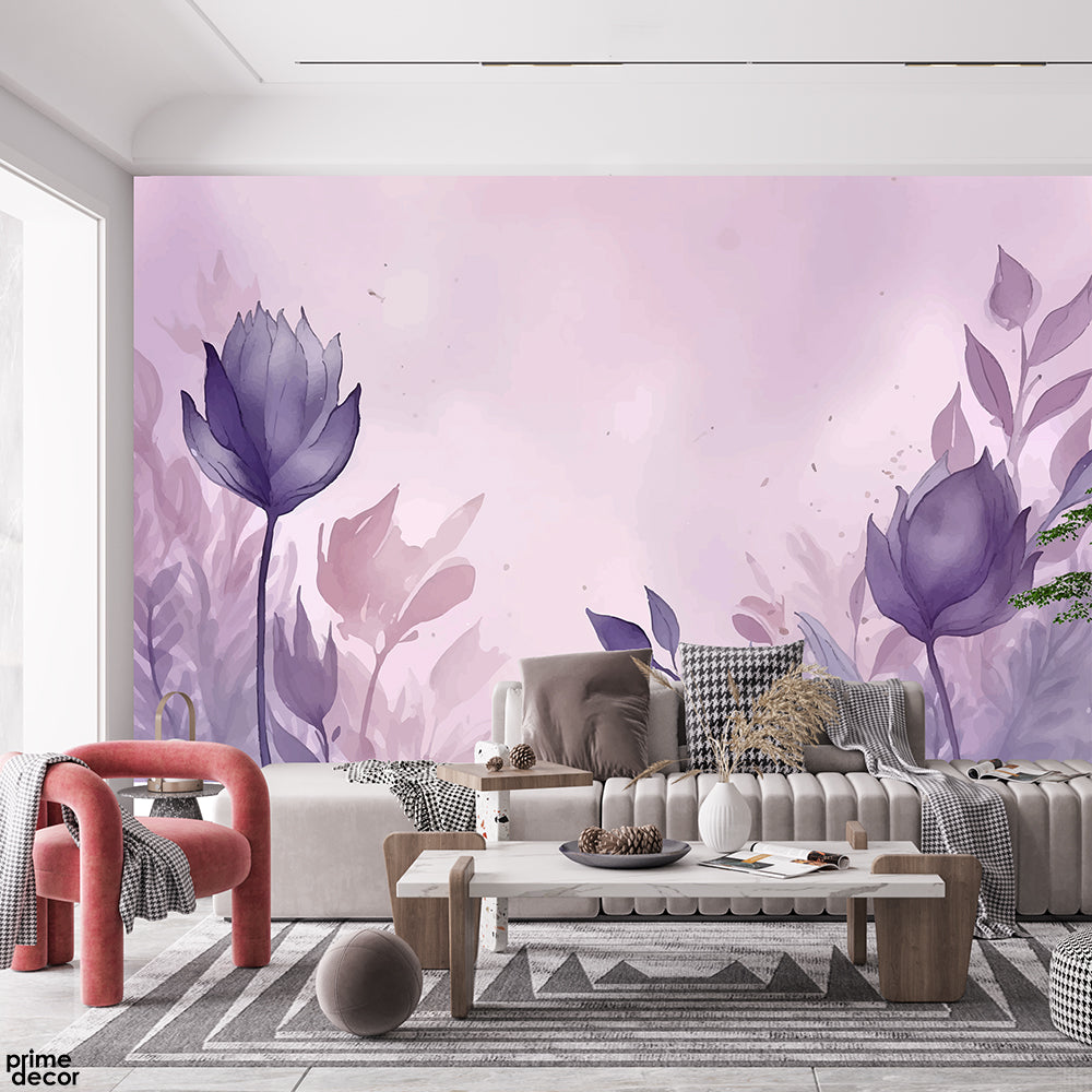 Viola Purple Watercolor Style Flower & Leaves | Floral Wallpaper Mural - Prime Décor