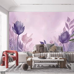 Viola Purple Watercolor Style Flower & Leaves | Floral Wallpaper Mural - Prime Décor