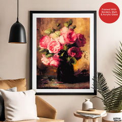 Beautiful Pink Flowers With Black Vase | Abstract Floral Artwork #00552