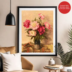 Beautiful Pink & Red Flowers With Black Vase | Abstract Floral Artwork #00553