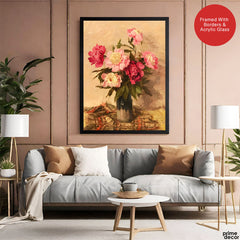 Beautiful Pink & Red Flowers With Black Vase | Abstract Floral Artwork #00553