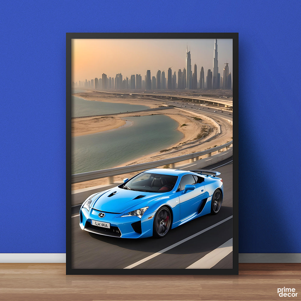 Blue Lexus LFA Racing Through Coastline In Dubai | Cars Wall Art - Prime Décor