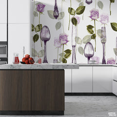 Roses & Spoons Purple Watercolor Style | Kitchen Wallpaper Mural - Prime Décor