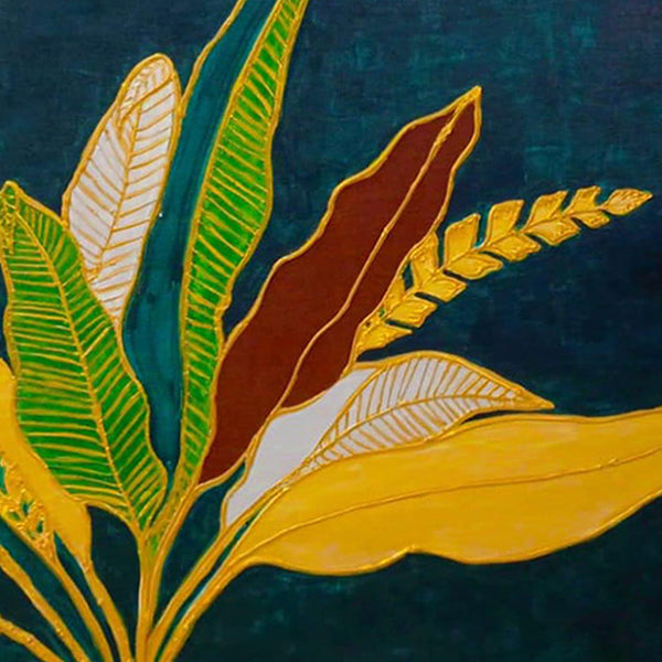 Embossed Textured Leaves on Cyan Blue Background | Handmade Painting