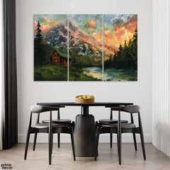 Beautiful Artwork Of A Cabin With Mountains (3 Panel) Nature Wall Art