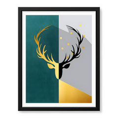 Black & Gold Deer Design With Green And Grey Background | Abstract Animal Artwork #0055 - Prime Décor