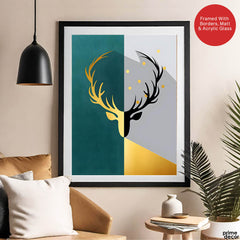 Black & Gold Deer Design With Green And Grey Background | Abstract Animal Artwork #0055 - Prime Décor