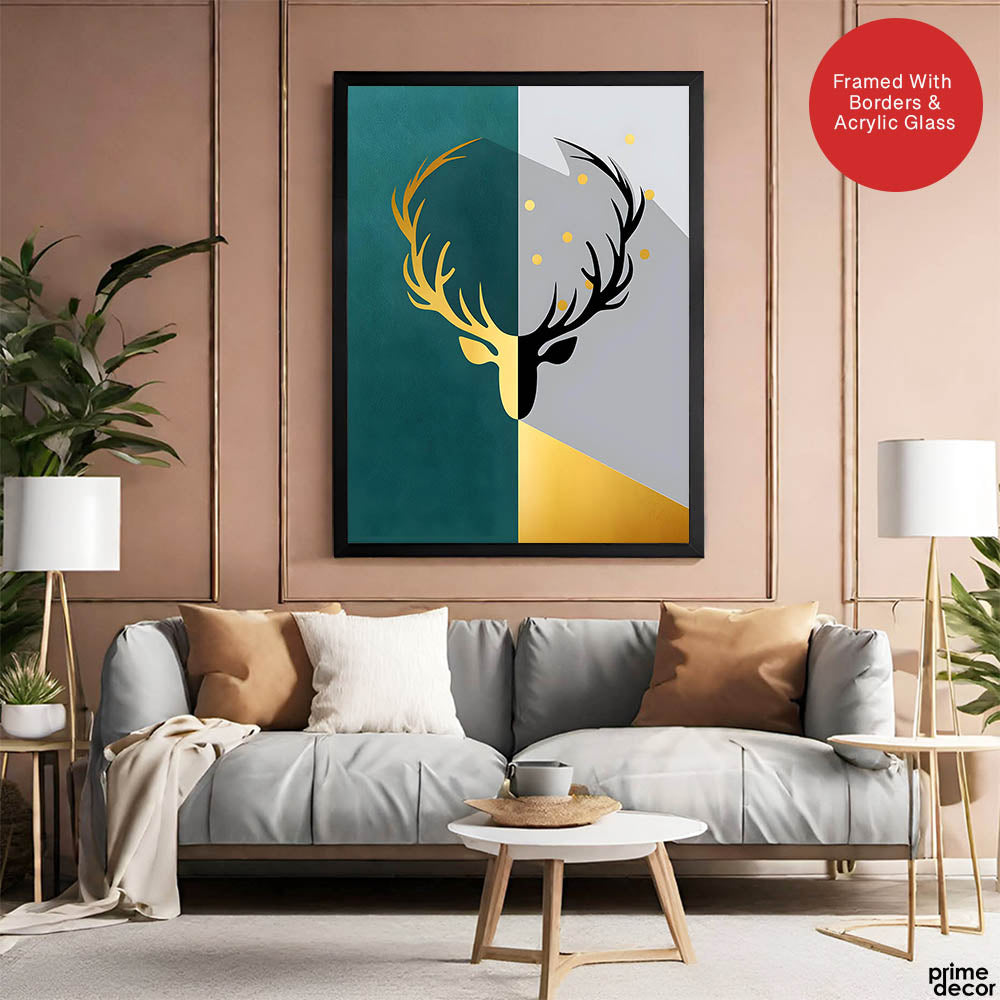 Black & Gold Deer Design With Green And Grey Background | Abstract Animal Artwork #0055 - Prime Décor