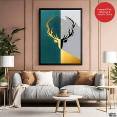Black & Gold Deer Design With Green And Grey Background | Abstract Animal Artwork #0055 - Prime Décor