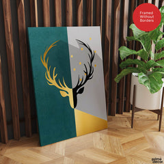 Black & Gold Deer Design With Green And Grey Background | Abstract Animal Artwork #0055 - Prime Décor