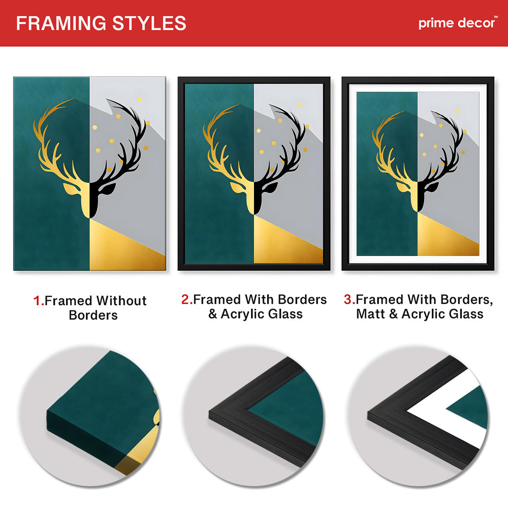 Black & Gold Deer Design With Green And Grey Background | Abstract Animal Artwork #0055 - Prime Décor