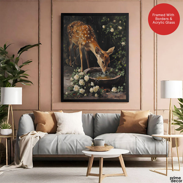 Beautiful Deer Drinking Water With White Flowers | Abstract Animal Artwork #00562