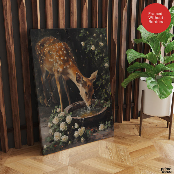 Beautiful Deer Drinking Water With White Flowers | Abstract Animal Artwork #00562