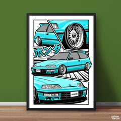 Blue Honda Civic CRX Modified Drawing Illustration | Cars Wall Art - Prime Décor