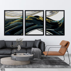 Midnight Blue & Gilded Ribbon Swirl (3 Panel) Abstract Wall Art